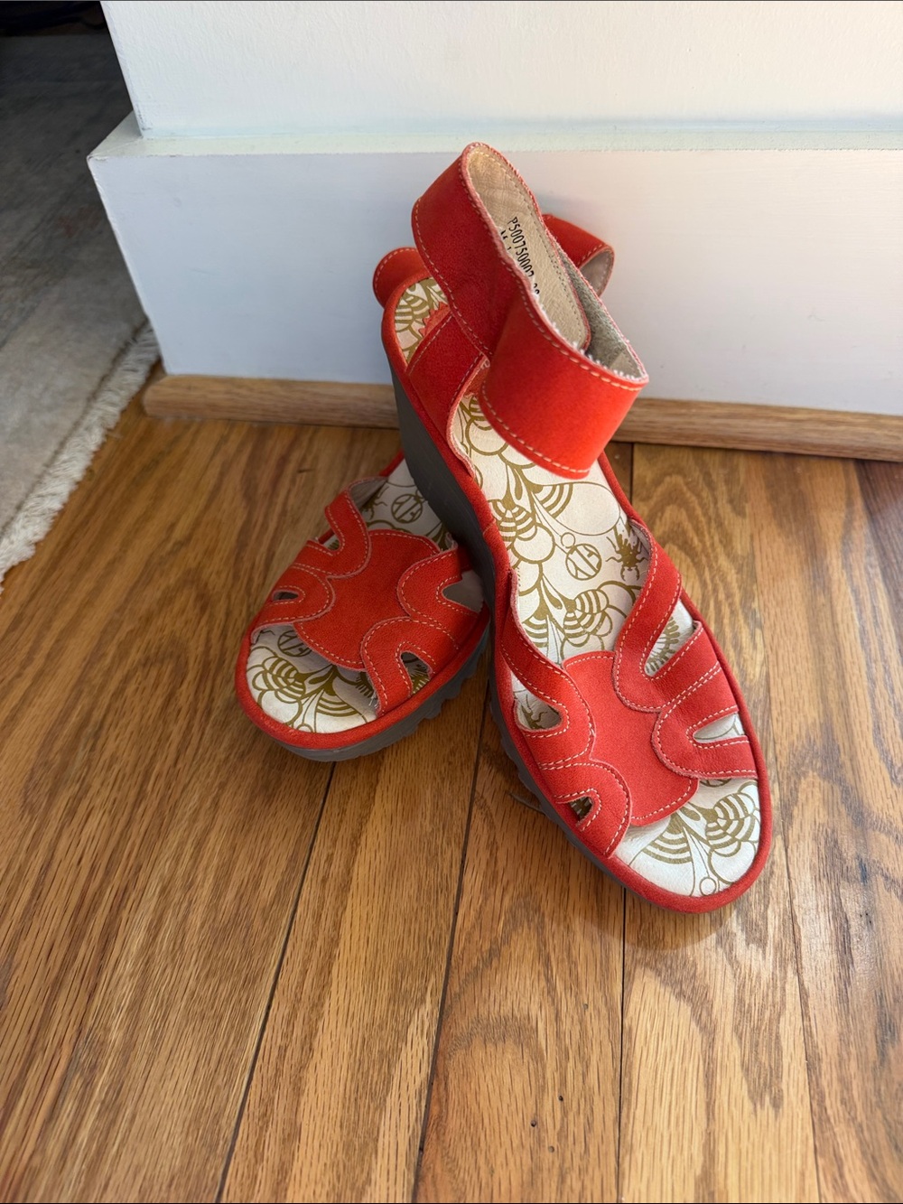 NWOT Fly London Women’s Red Suede Wedge Sandals, Size 38 (approximately 7 1/2)